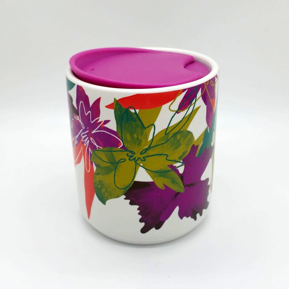 Starbucks Ceramic Travel Mug Cup Tumbler Floral Magenta with Pink Lid 8oz